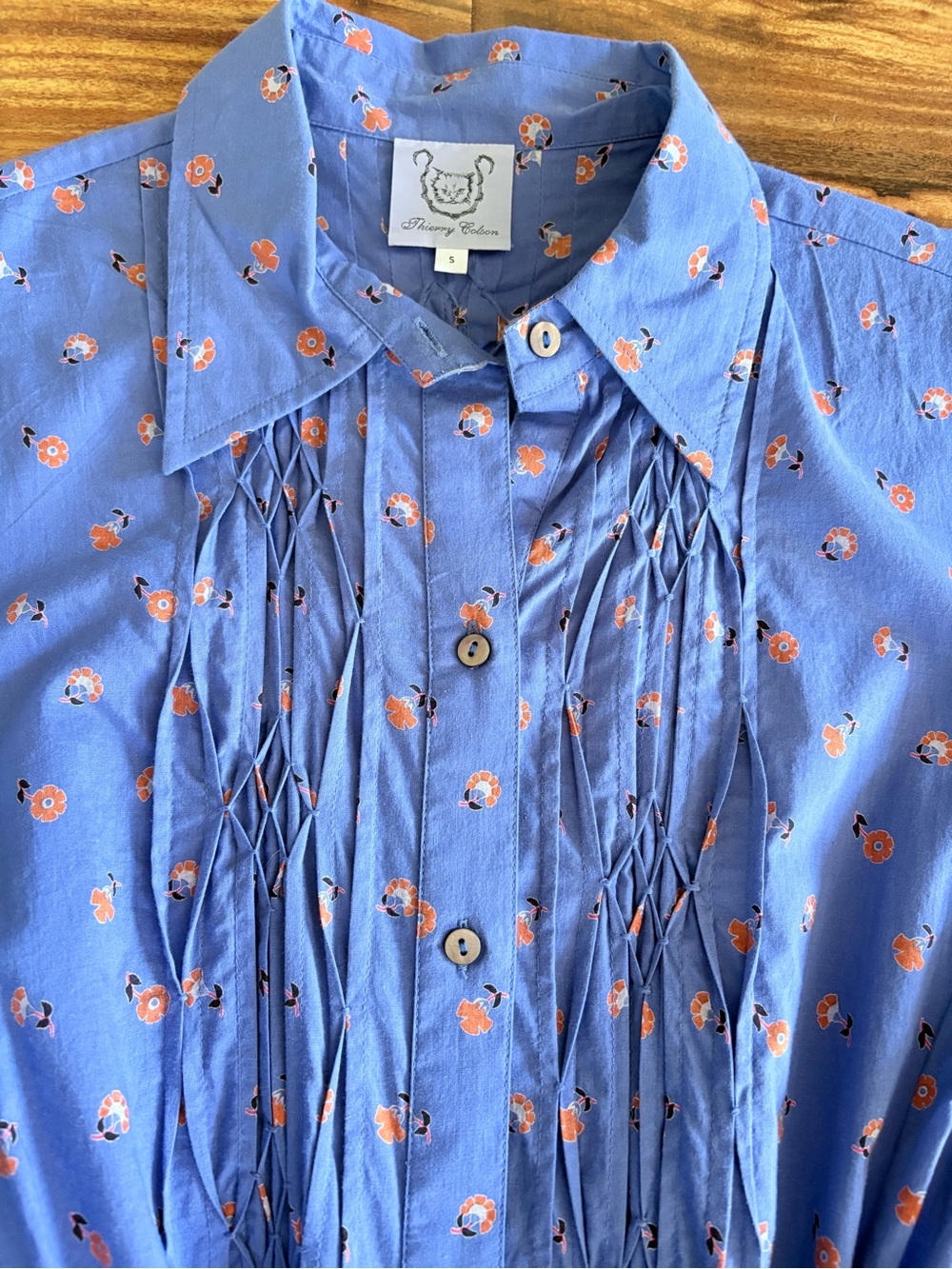 Thierry Colson France Women’s Blue Carnation Floral Silk Shirt Dress Small S - Picture 2 of 9